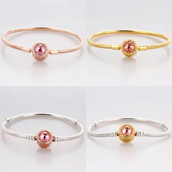 

Original Rose Gold Openwork Radiant Hearts Clasp Snake Chain Bracelet Bangle Fit 925 Sterling Silver Bead Charm Europe Jewelry