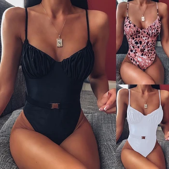 

2020 New Sexy Belt One Piece Swimsuit Women Folds Swimwear Bodysuit Swimsuit Push Up Monokini Backless Bathing Suits Beach Wear