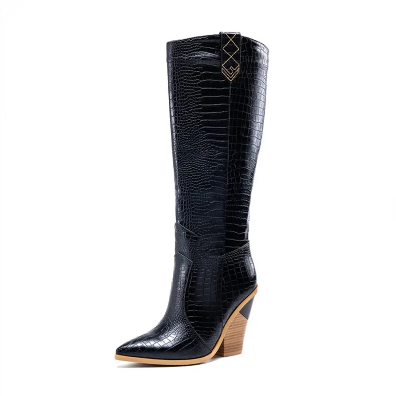 PXELENA г. Большие размеры 34-45, модные женские сапоги до колена на Высоком толстом каблуке зимние сапоги золотистого цвета с острым носком высокие сапоги - Цвет: Black