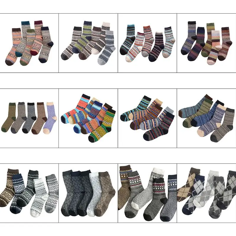 5 пар, 12 видов стилей, мужские винтажные вязаные носки из искусственной шерсти, теплые носки с цветными полосками