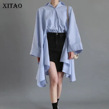 

XITAO Ruffle Plus Size Blouse Women Fashion Striped Single Breasted Straight Pocket 2019 Autumn Batwing Sleeve Shirt WQR1341