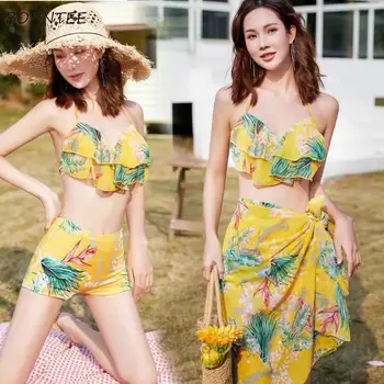 

Bikinis Set Womens Summer Three-Piece Halter Floral Printed Sexy Beach Swimwear Flat Angle Sweet Elegant Pink High-quality New