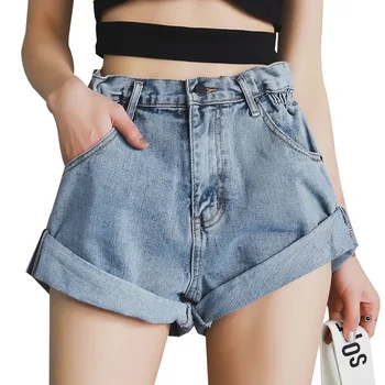 

New Summer Women Denim Shorts Blue Ladies Korean Style Short Jeans Khaki Wide Leg Elastic Waist Sexy Vintage High Waist Shorts