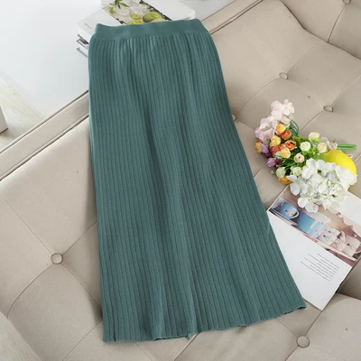 dark green SINGRAIN, женские вязаные длинные юбки, эластичная резинка на талии, раздельная Полосатая юбка, свитер, одноцветная, мутиколоры, уличная одежда, вязаные миди юбки-карандаш - Цвет: dark green