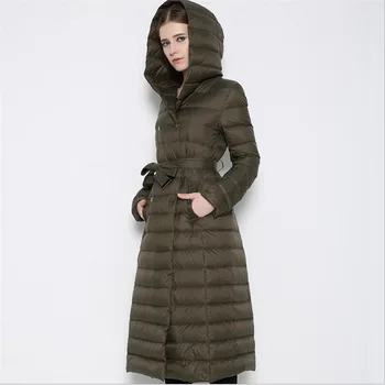 

2020 Winter Duck Down Coat With Hoodie Jackets With Belt Women Solid Color Long Double Breasted Portable Down Coats