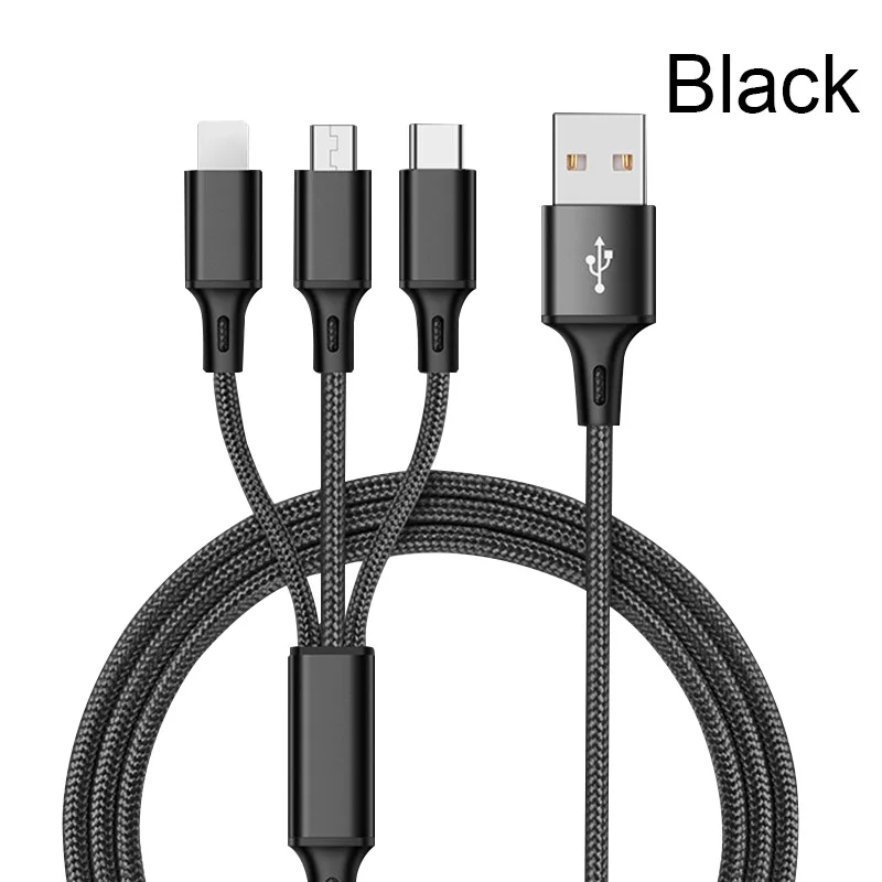 Черный 3 в 1 USB кабель type C type-c iOS Micro USB кабели Android 5V2A Быстрая зарядка провод зарядного устройства нейлоновый шнур для мобильного телефона - Цвет: Черный