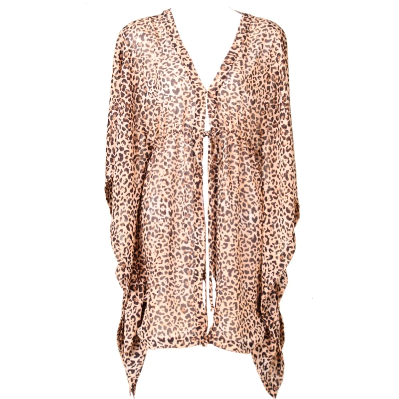 Beige leopard ENXANETA, женское шифоновое пляжное платье с принтом, Пляжное платье с длинным рукавом, накидка, саронг, купальник, бикини, кардиганы, пляжная одежда - Цвет: Beige leopard