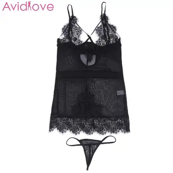 

Women Sexy Lingerie Sets With G-String Female Erotic Nightdress Lace Patchwork See-through Mesh Temptation Sleepwear Babydoll