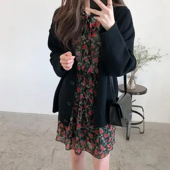 

Korean Preppy Style V Neck Single-Breasted Sweater Winter Cotton Knitted Long Sweater Solid Fall Casual Oversized Cardigan