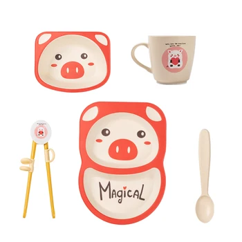 

5Pcs Kids Dinnerware Set Bamboo Fiber Bowl Cup Chopsticks Spoon Kit Safe Cartoon Plate Dishwasher Clean for Baby Toddler
