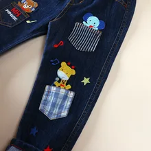 Mikikinds стиль Осенняя детская рисунками из мультфильмов, Детские шортики Роскошные карман аппликация цветочным узором; детская Корейская-Стиль джинсы брюки с хлопковой подкладкой