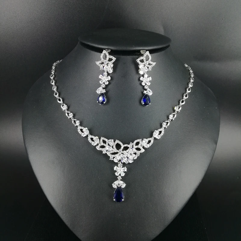 

2019new fashion blue water drop zircon necklace earring set,wedding bridel dinner party banquet dress jewelry free shipping