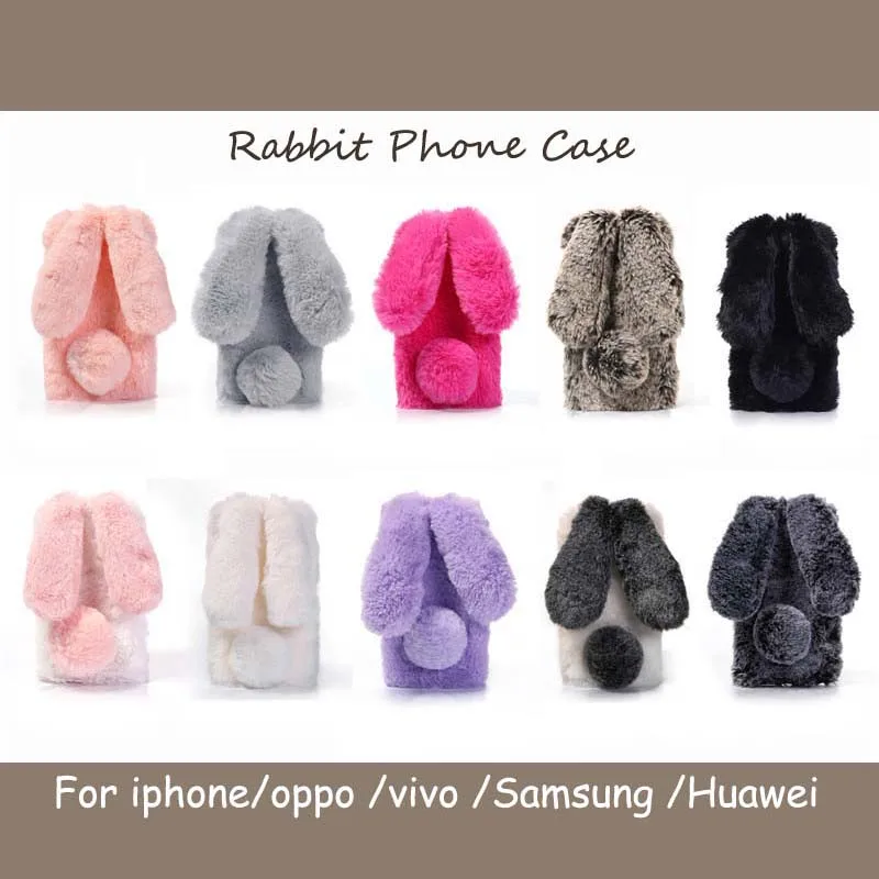 

ONEVANLovely Rabbit Ears Fur Plush Phone Case For iPhone X XR XS Max 7 8 Plus Winter Bunny Fluff Cover For OPPO VIVO HUAWEI Case