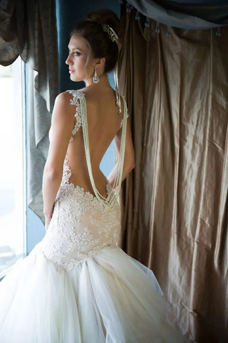 Real Sample sexy Backless Pearls Mermaid Vintage Lace Vestido De Noiva bridal gown Summer mother of the bride dresses