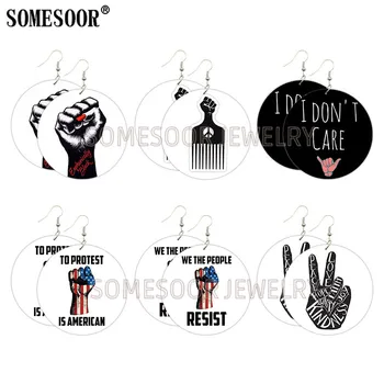 

SOMESOOR Black Strong Power Fist Printed Wooden Drop Earrings Love Hope Peace Sayings Design Round Dangle Loops For Women Gifts