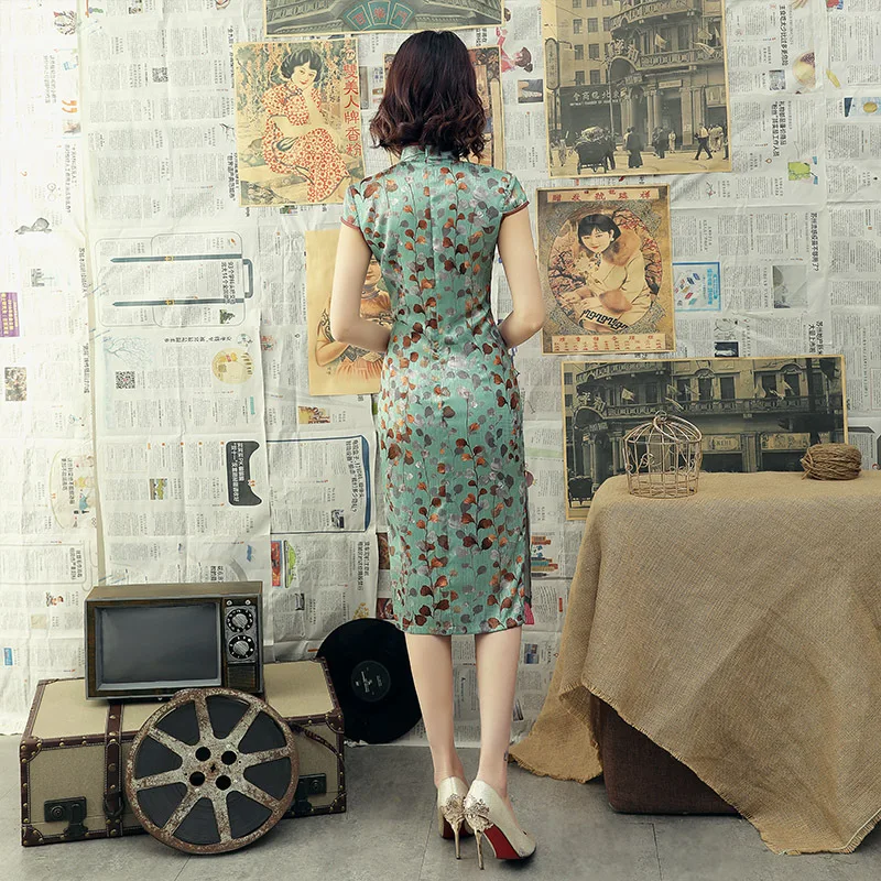 Green Print Flower Women Satin Qipao Sexy Slim Short Cheongsam Chinese Dress Classic Oversize 3XL Mandarin Collar Vestidos