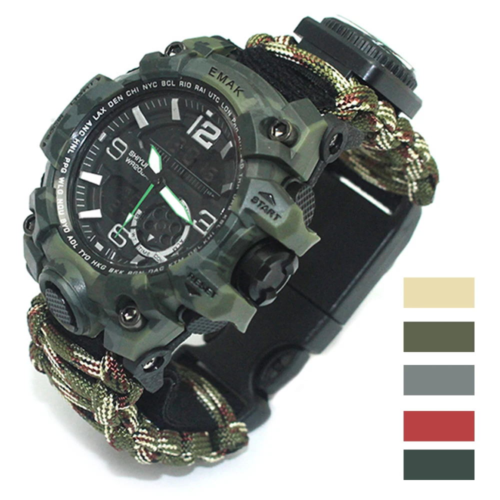 

Outdoor Survival Watch Tactical Rescue Paracord Watch Bracelet Medical Multi-functional Compass Thermometer for Camping Hiking