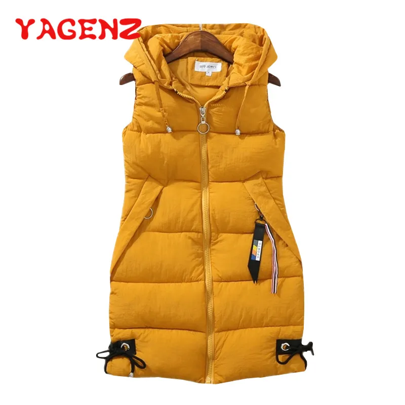 

YAGENZ Plus size Women Vest Winter Jacket Pocket Hooded Coat Warm Casual Cotton Padded Vest female Slim Sleeveless Waistcoat 174
