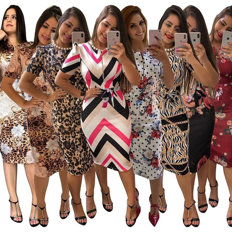 

2019 Autumn New Large Size Ladies Dresses Casual Round Neck Zipper Digital Printing OL Work Bodycon Dresses Woman Party Night
