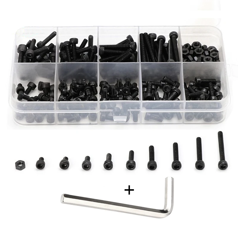 

300pcs/set Black Din912 M2 M2.5 M3 Allen Bolt Hex Socket Round Cap Head Screw And Nut Assortment Kit Set
