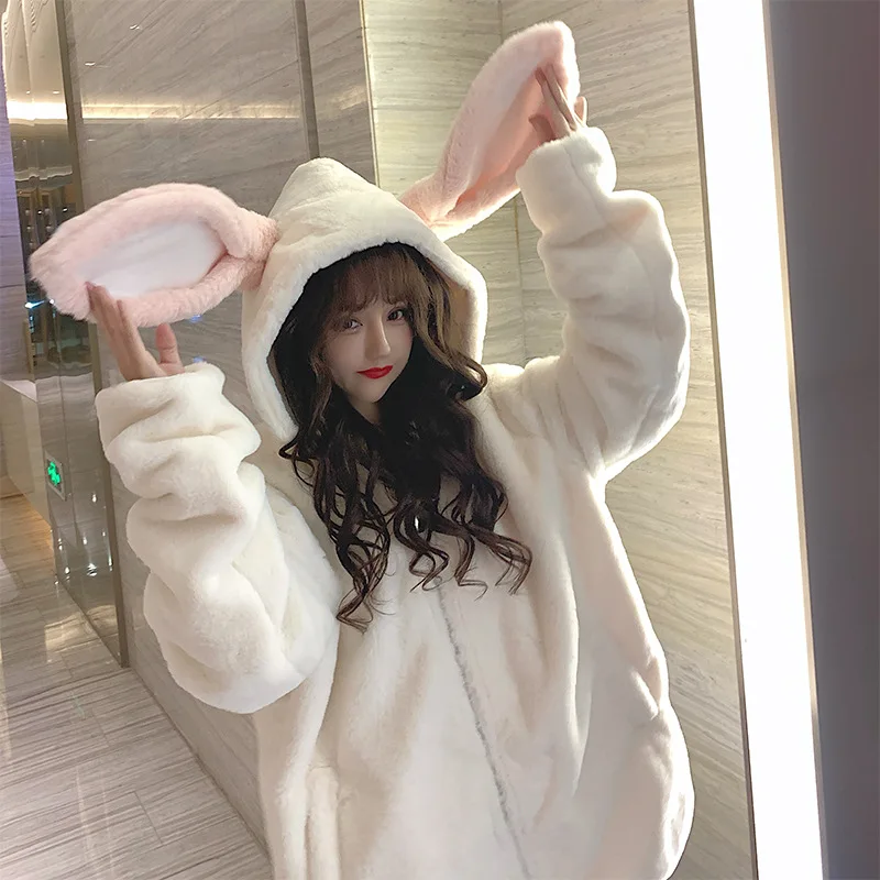 Kawaii Lamb wool Hoodies Women Winter Plus Size Fashion Bunny Ears  Sweatshirt Women Long Sleeve Cute Tops Warm Zip Up Hoodies /F