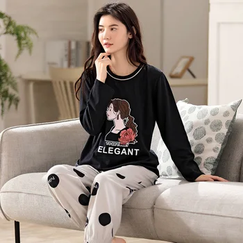 

Autumn Cotton Pajamas Korean Style Simple Round Collar Long-sleeved Casual Style Home Clothing Set Pijama Pjamas for Women