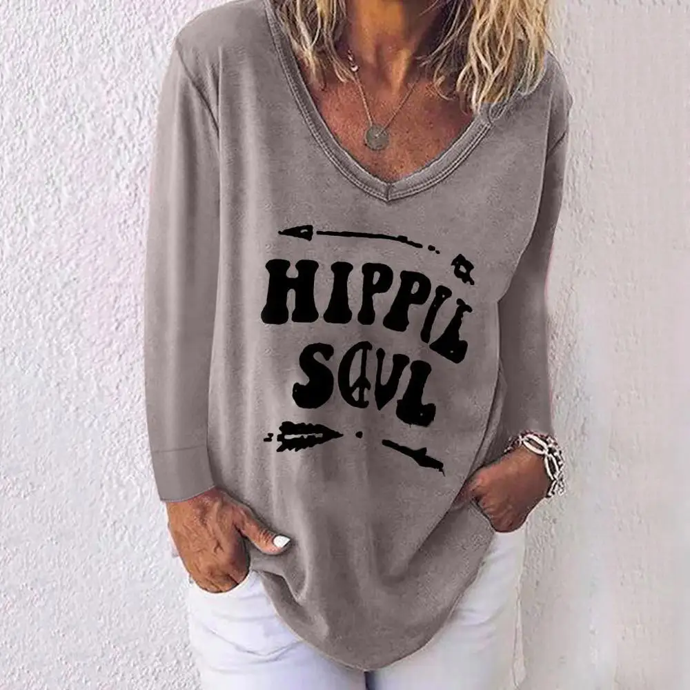 

2019 New Plus Size Top Autumn Winter Fashion Women Long Sleeve V Neck T-shirt Women Casual Letter Print Tops
