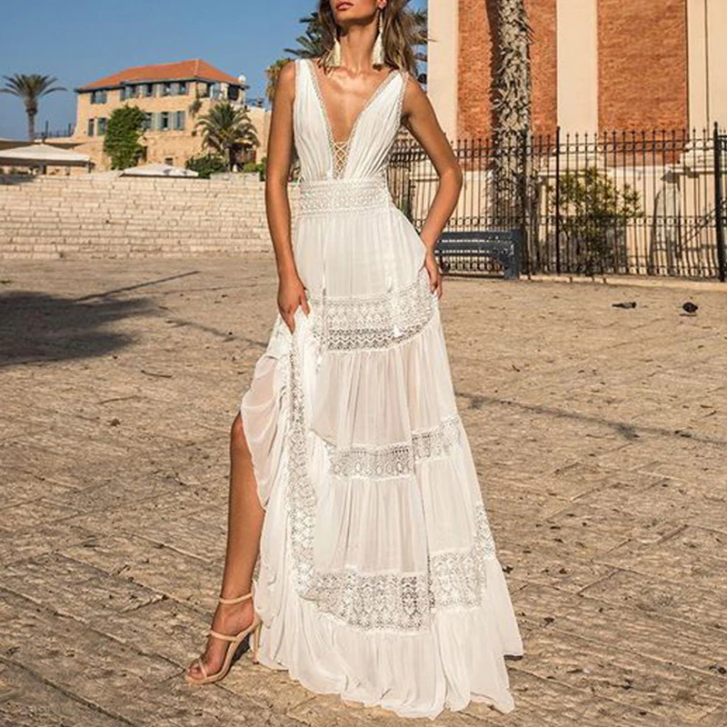 Vestido largo blanco para mujer, vestido de fiesta sin mangas con cordones, Sexy de encaje blanco, Vestido de playa, vestidos de viaje de vacaciones|Vestidos| - AliExpress