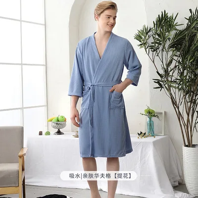 Spring and Summer Couple Nightgown One Piece Solid Color Waffle Cardigan Three-Quarter Sleeve Robe mens silk pajamas Men's Sleep & Lounge