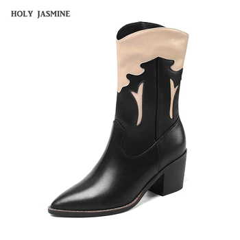 

Fashion Cowgirl Boots Women Shoes Winter Western Cowboy Ankle Boots Pointed Toe Splicing Sequined Genuine Leather Shoes Woman