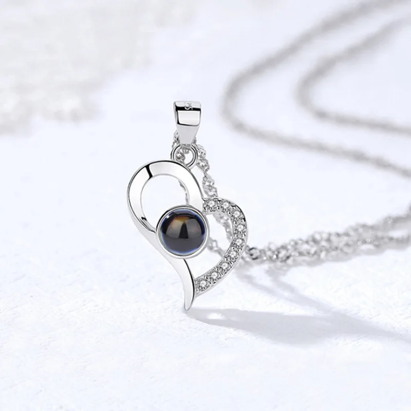 

925 Silver Douyin Celebrity Style Memory Necklace Women's 100 Kind Language I Love You Projection Heart-shaped Pendant Valentine
