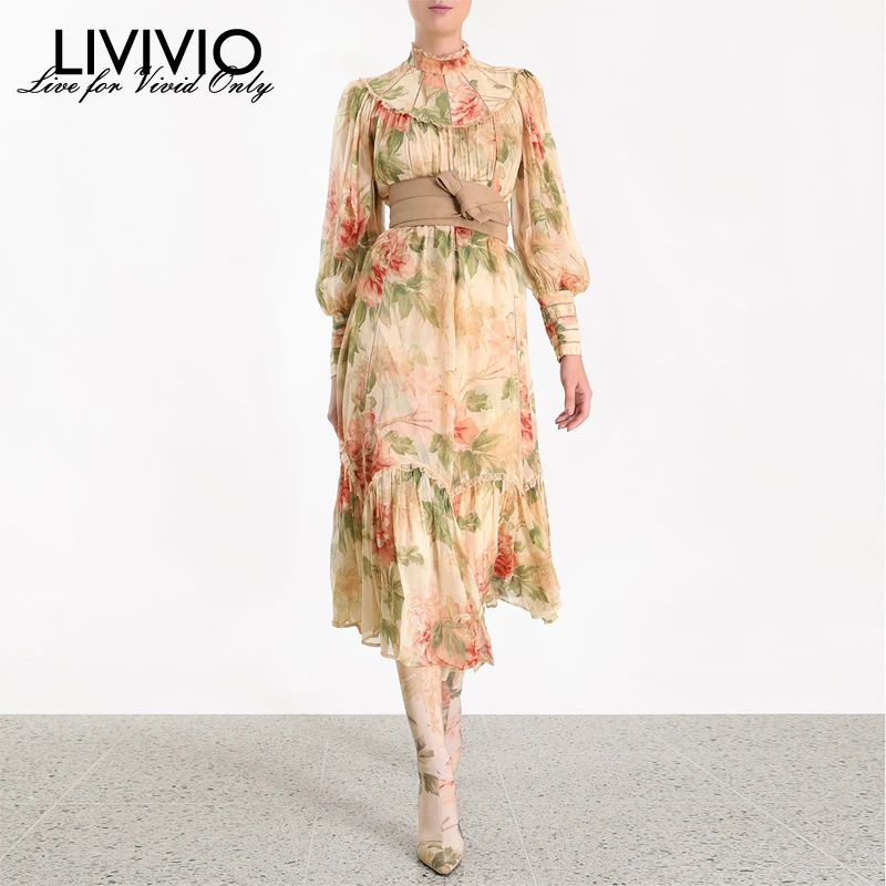 

[LIVIVIO] Print Dress For Women Stand Collar Lantern Sleeve Sash Lace Up Waisted Dresses Female 2019 Boho Fashion New
