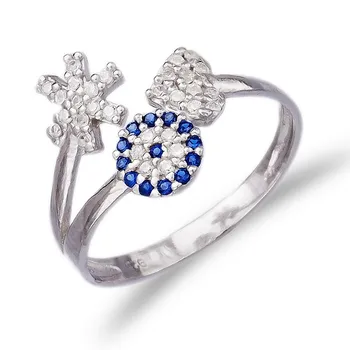 

925 Sterling Silver Adjustable Ring Evil Eye Snowflake and Heart Design Zircon Stone Turkish Handmade Mint Jewelry