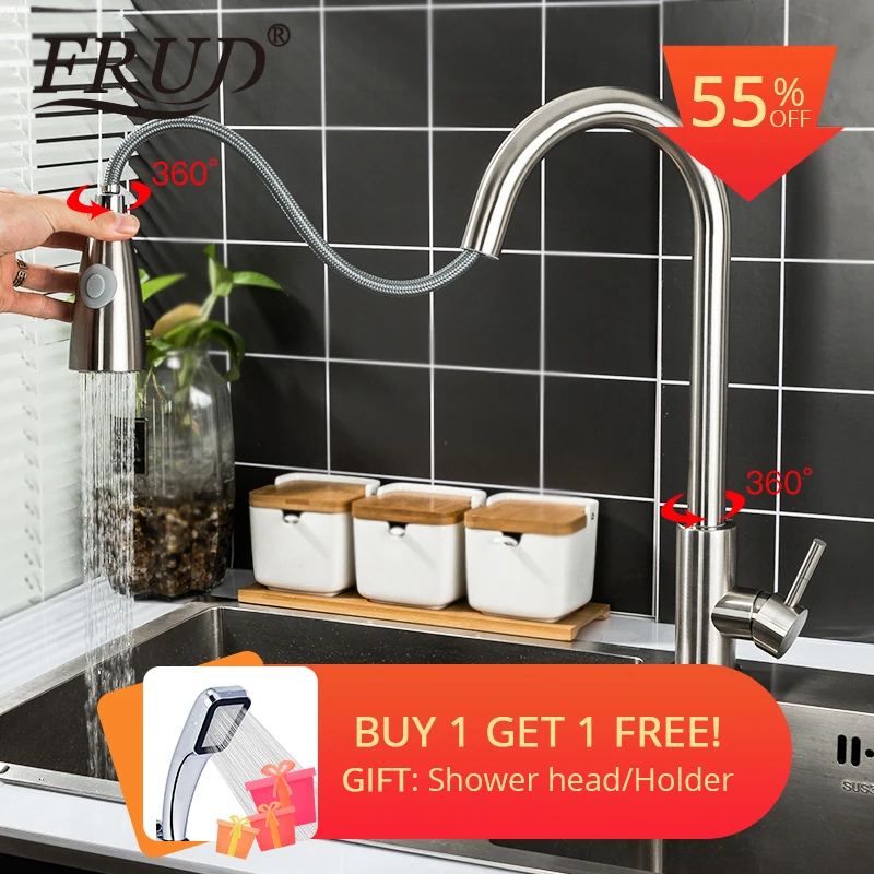 FRUD Kitchen Faucets 304 stainless steel Silver Single Handle Pull Out Kitchen Tap Single Hole Handle Swivel 360 Degree Water