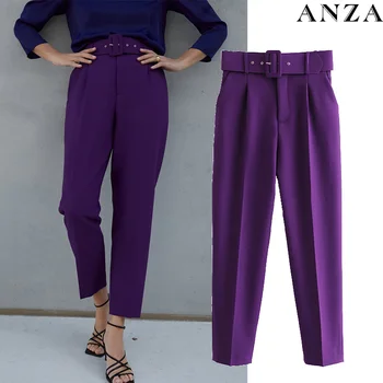 

ANZA Women England Pants with High Waist Belt Solid Office Lady Candy Color Straight Harem Pants Femme Trousers Purple Jumpsuit