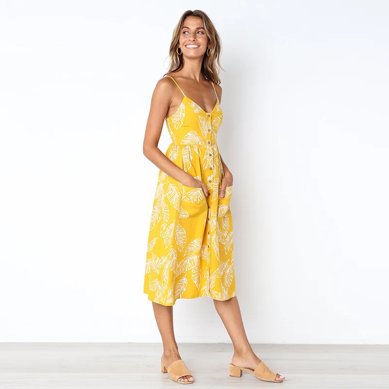 2018 New LOSSKY Women Print Floral Stripe Bohemian Dress V-Neck Sleevele Sexy Button Beach Casual Boho Midi Dress Plus Size 3XL