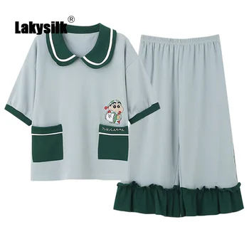 

2020 Summer New Pajama Sets Female Cotton Thin Short Sleeve Tops+calf-length Pants Sleepwear Ladies Comfortable Casual Homewear