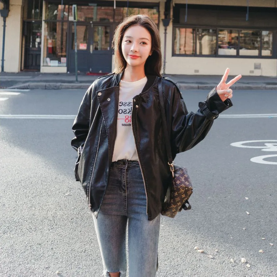 

Photo Shoot Korean-style CHIC Loose-Fit Off-white PU Leather Jacket Women's Bandage Cloth Bell Sleeve Short Jackets Ol Coat
