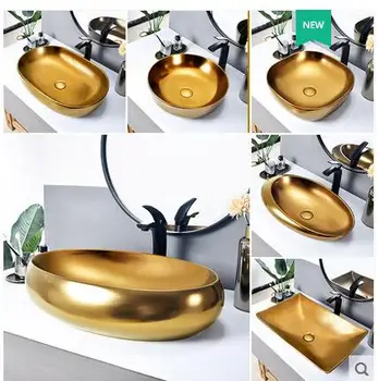 

High-end above counter basin golden wash basin. Ceramic art single basin.