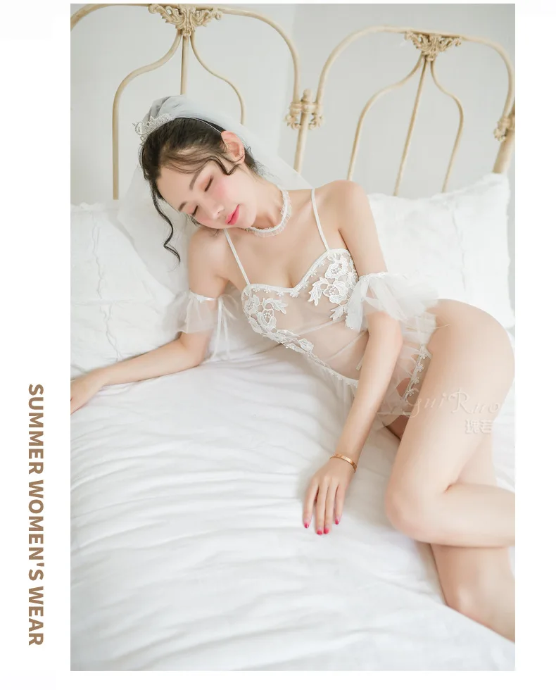 Белое сексуальное кружевное свадебное платье GauzeBridal прозрачное сексуальное нижнее белье соблазнительное Нижнее белье женские пижамы пижамный комплект