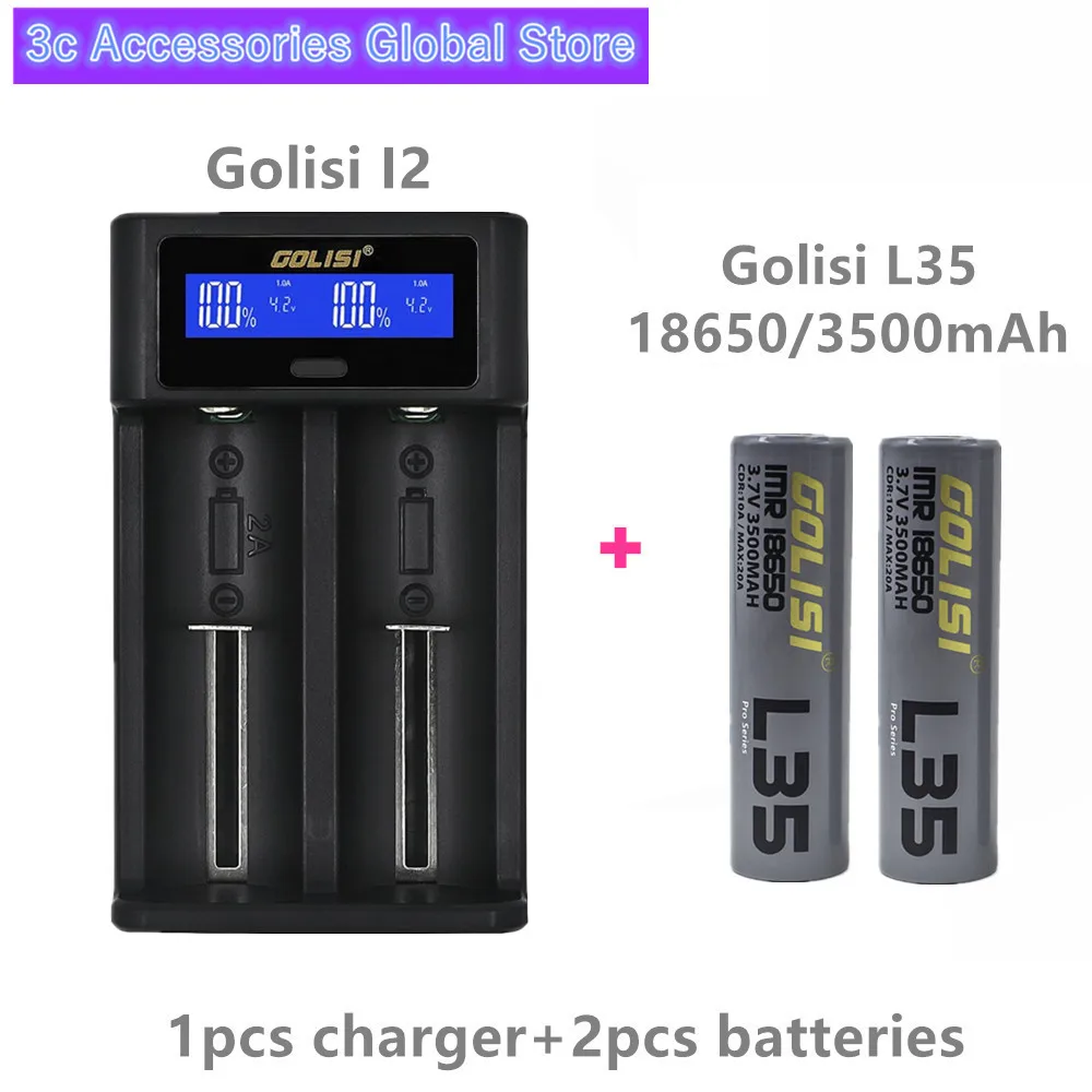 Golisi 2pcs L35 IMR 18650 3500mah 20A E-CIG rechargeable battery VAPE with I2 Smart Charger LCD Display Fast Charging | Электроника