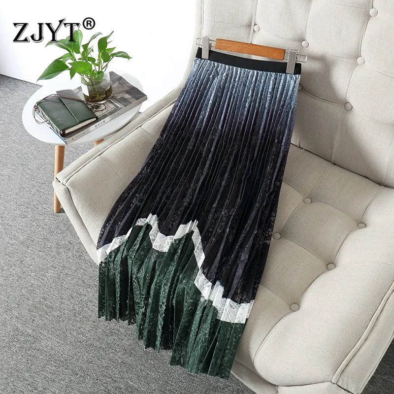 Топ Мода весна лето женские юбки элегантные женские с высокой талией кружевные лоскутные до середины голени плиссированные бархатные юбки на каждый день