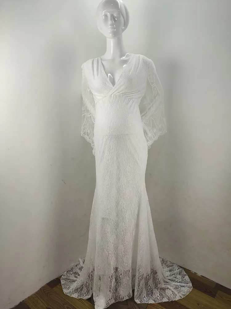 Maternity Photography Props Clothing Pregnant Women Sexy Lace Dress Photo Shoot V-neck Fluttering Sleeves Pregnancy Dresses 2020