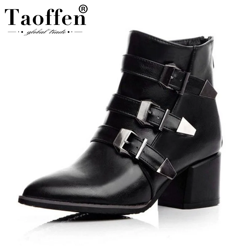 

Taoffen Ladies Size 32-48 Ankle Boots Short Plush Buckle Boots Metal Decoration Boots Square Heel Pointed Toe Boots