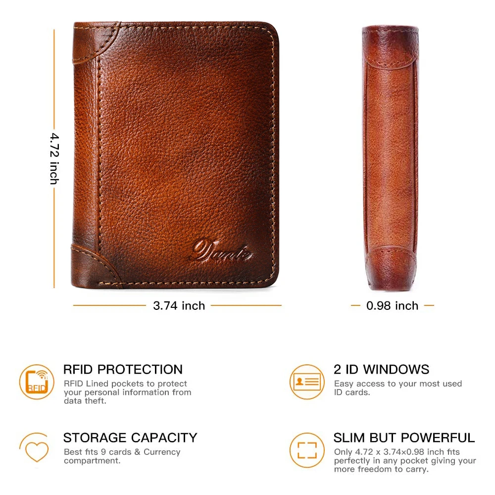 Dante Men's Leather Wallet RFID Anti-theft Brush Head Layer Cowhide Retro Casual Vertical Multi-Function Money Bag Money Clips 2