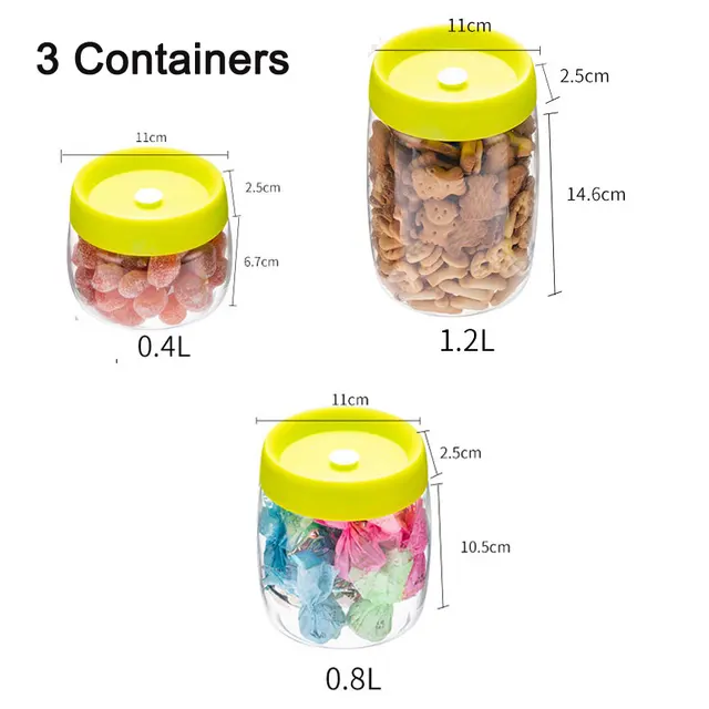 Vacuum Food Container One-button Inner Pump Airtight Plastic Storage Jars Coffee Container Set  Lunch Box Kitchen Accessories Green 3 containers
