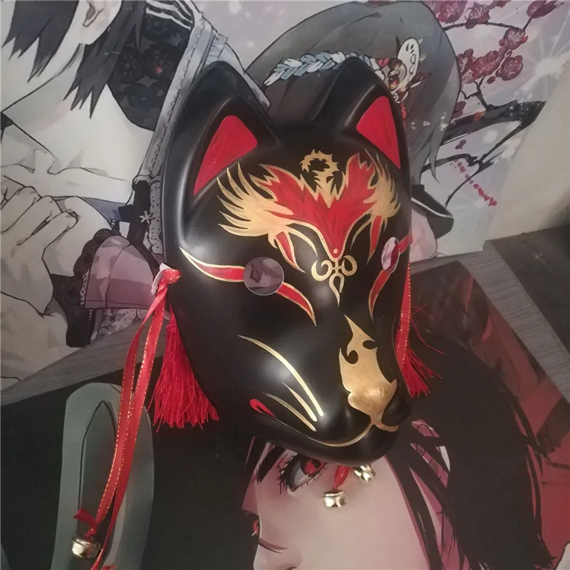 Черный Fate Grand Order маска полное лицо ручная роспись японский костюм кицунэ маски лисы костюмы мультипликационных персонажей на Хэллоуин - Цвет: Черный