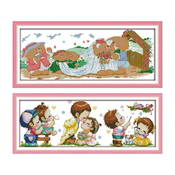 

Wedding of Bear Cartoon Patterns Cross Stitch Sets Embroidery Kit 11ct 14ct Happy Wedding Count Print Canvas Handmade Needlework