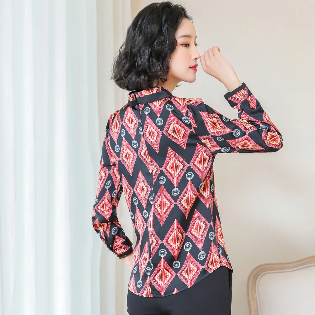 Poleras mujer de moda camiseta mujer футболка Женская Офисная рубашка с отложным воротником Женская шифоновая рубашка с принтом и длинным рукавом