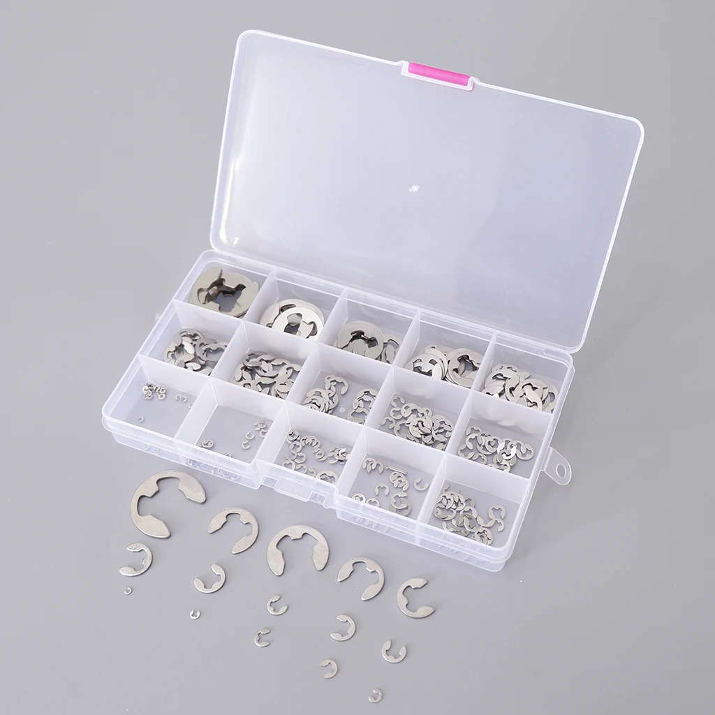 225Pcs 304 Stainless Steel Opening Snap Ring E-Clip Circlip Assortment Kit Replacement E-clips with Storage Case